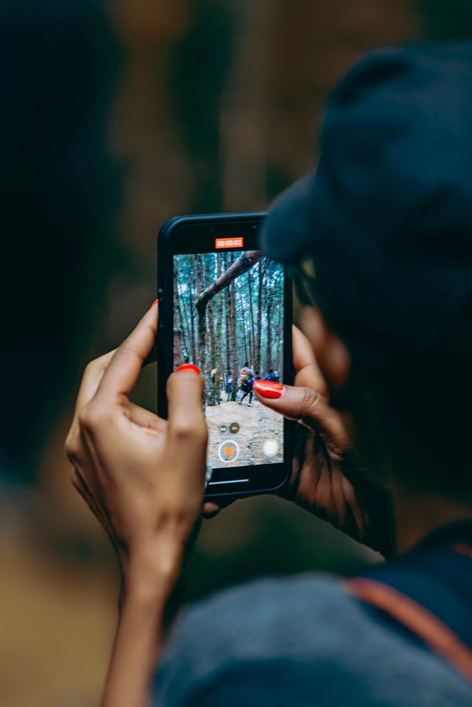 Person captures forest scenery with smartphone during a hike.
